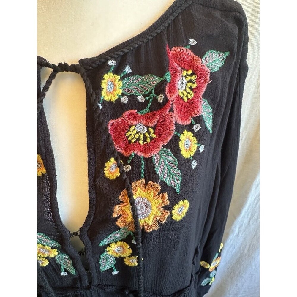 Free People Spell On You Dress Size XS‎ Black Embroidered Long Sleeve Floral - Picture 2 of 11